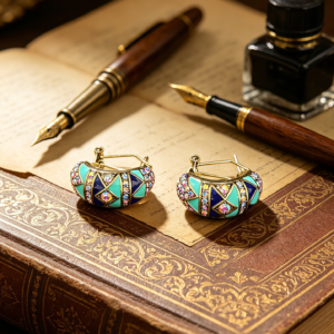 geo two tone blue enamel crystal huggies