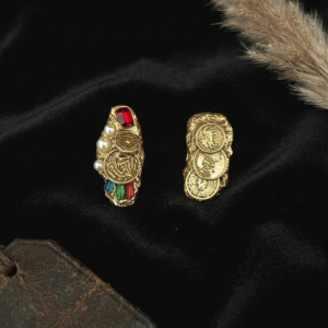 antique gold textured coin drop earrings, retro baroque earrings inlaid with colorful rhinestones and white pearls for evening party