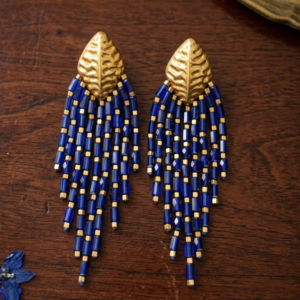Home vintage matte gold leaf top statement earrings, bold royal blue bead fringe tassel dangle earrings for party evening