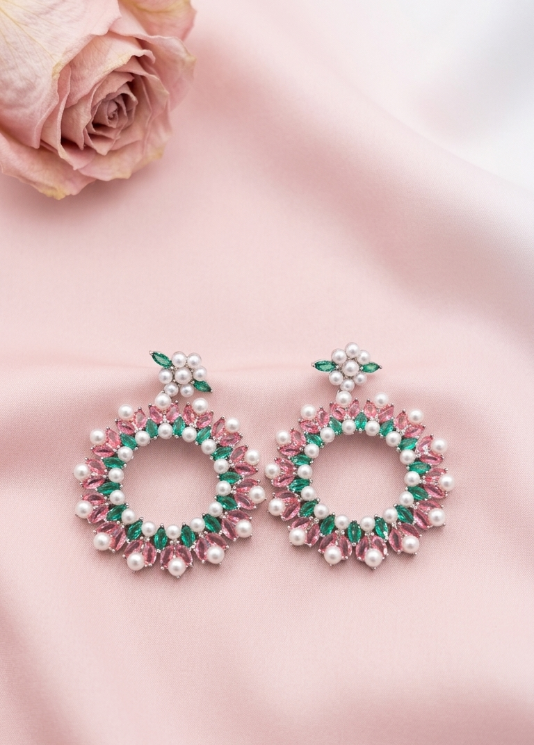 vintage pink green marquise zircon pearl wreath drop earrings, large statement floral circle hoop dangle earrings for women wedding party evening vintage pink green marquise zircon pearl wreath drop earrings, large statement floral circle hoop dangle earrings for women wedding party evening