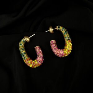 rainbow multicolored crystal chunky open hoop earrings