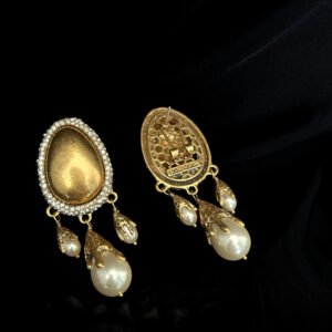 vintage egg shape matte gold pearl tassel drop earrings with crystal halo