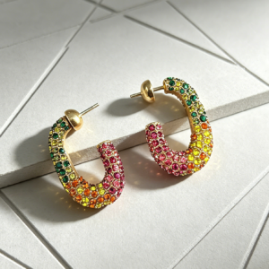 rainbow multicolored crystal chunky open hoop earrings