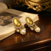 Oval Gold Pearl Earrings vintage egg shape matte gold pearl tassel drop earrings with crystal halo