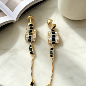 Home geometric black enamel crystal long tassel drop earrings