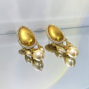 vintage egg shape matte gold pearl tassel drop earrings with crystal halo