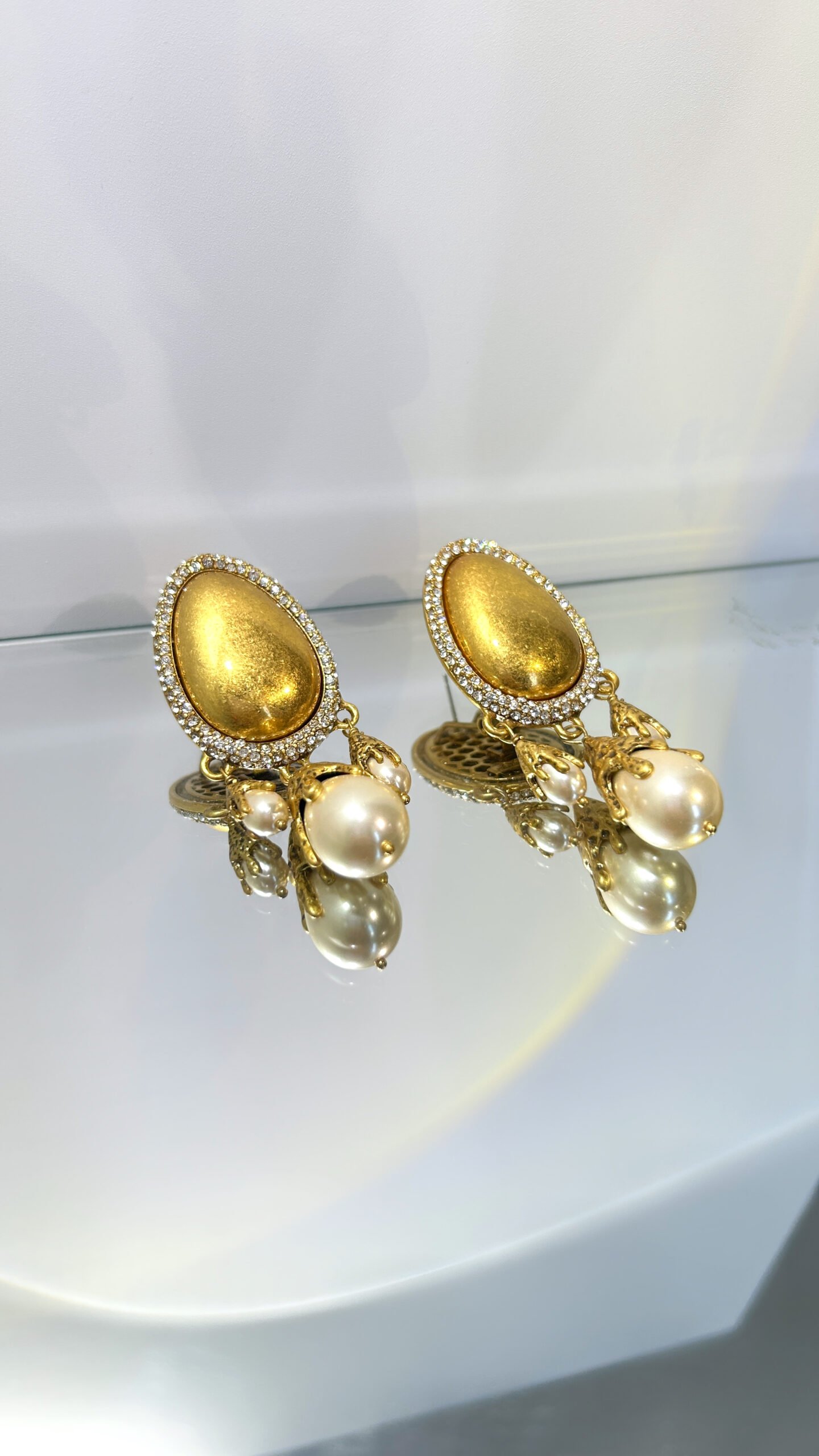 vintage egg shape matte gold pearl tassel drop earrings with crystal halo vintage egg shape matte gold pearl tassel drop earrings with crystal halo