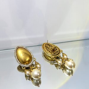 vintage egg shape matte gold pearl tassel drop earrings with crystal halo