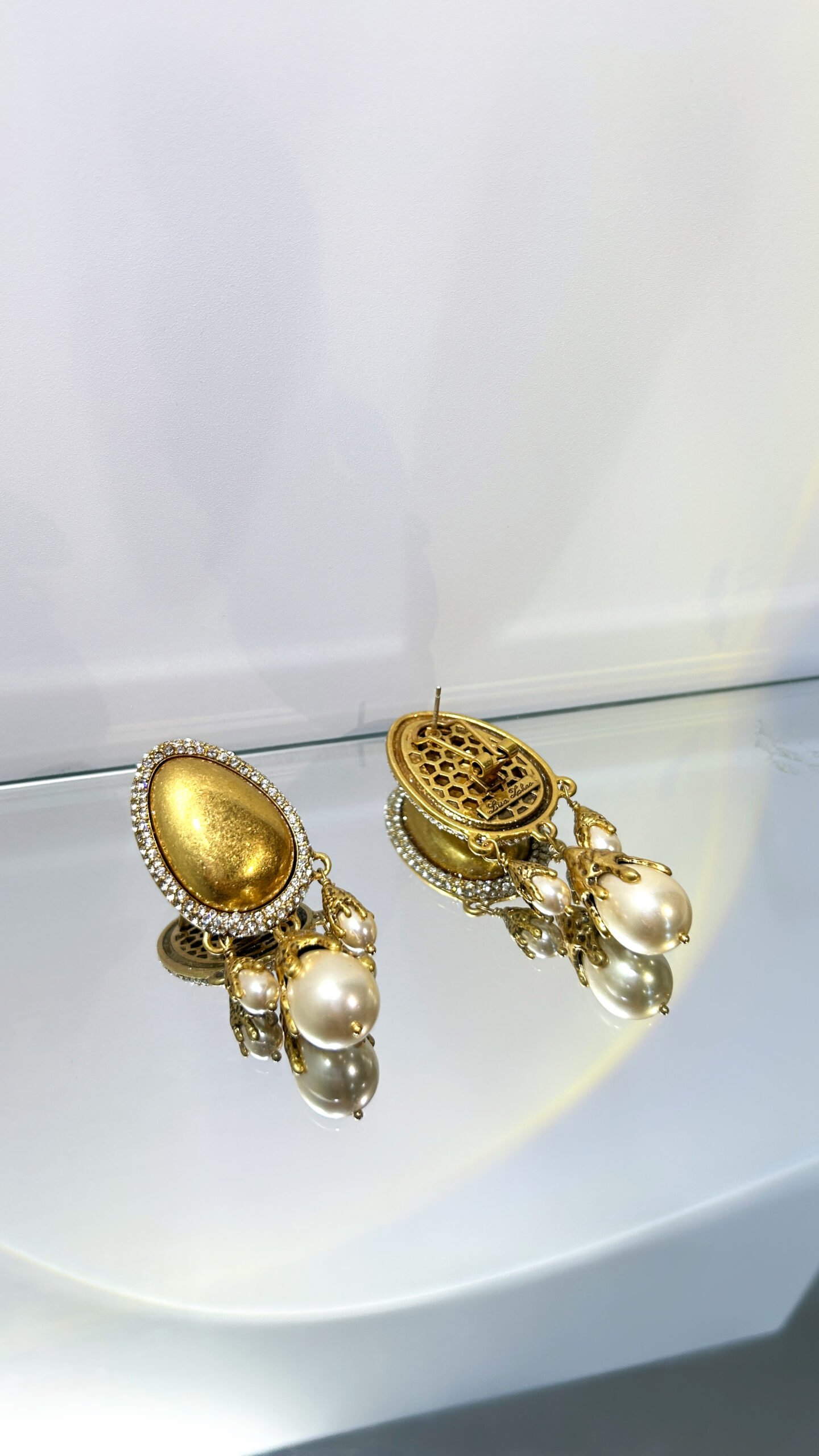 vintage egg shape matte gold pearl tassel drop earrings with crystal halo vintage egg shape matte gold pearl tassel drop earrings with crystal halo