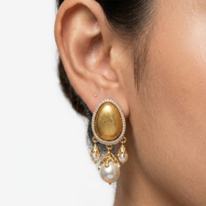 vintage egg shape matte gold pearl tassel drop earrings with crystal halo