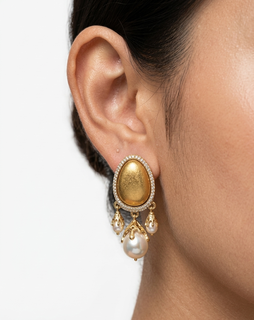 vintage egg shape matte gold pearl tassel drop earrings with crystal halo vintage egg shape matte gold pearl tassel drop earrings with crystal halo