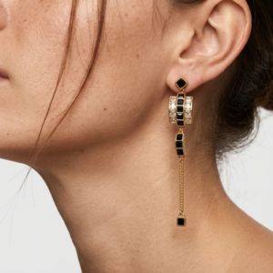 geometric black enamel crystal long tassel drop earrings
