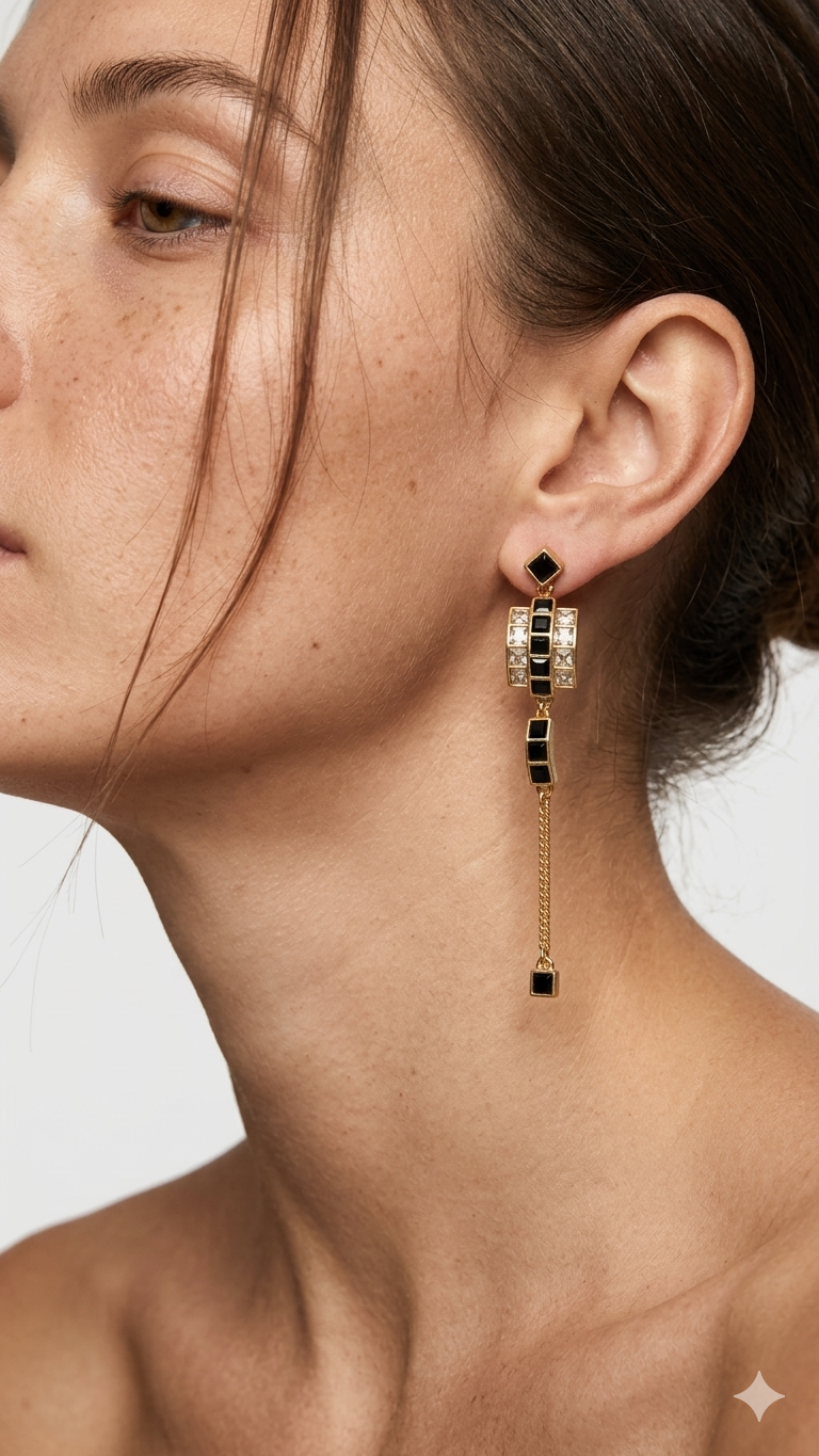 geometric black enamel crystal long tassel drop earrings geometric black enamel crystal long tassel drop earrings