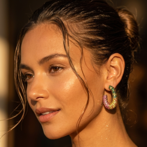 rainbow multicolored crystal chunky open hoop earrings