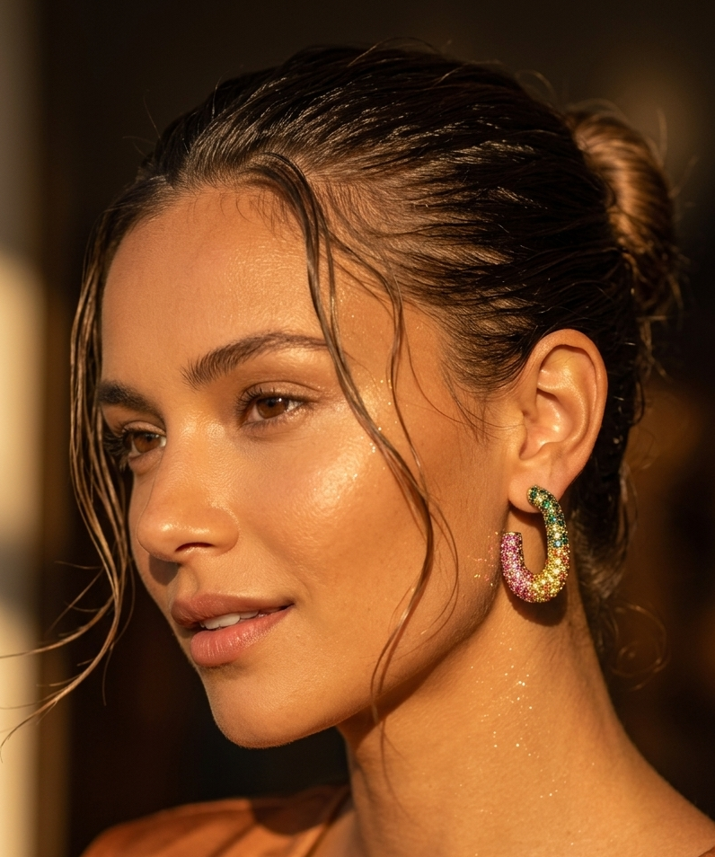 rainbow multicolored crystal chunky open hoop earrings rainbow multicolored crystal chunky open hoop earrings
