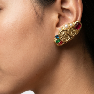 Home antique gold textured coin drop earrings, retro baroque earrings inlaid with colorful rhinestones and white pearls for evening party
