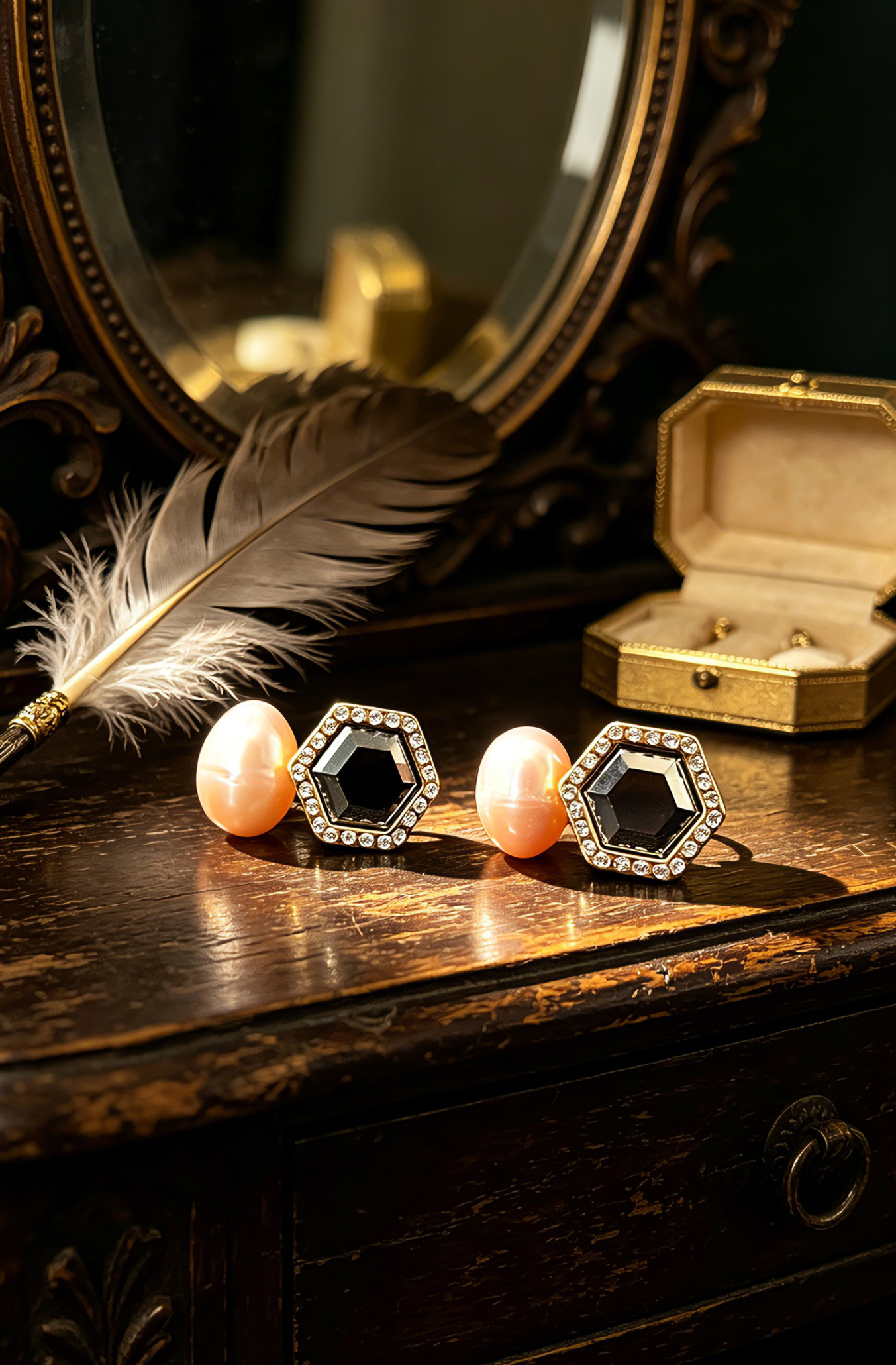 hexagon crystal halo black gem & cream pearl drop earrings hexagon crystal halo black gem & cream pearl drop earrings