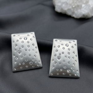 brushed silver tapered rectangle scattered crystal stud earrings