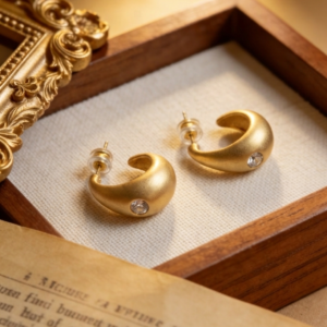 brushed matte gold teardrop chunky c hoop earrings with single round crystal