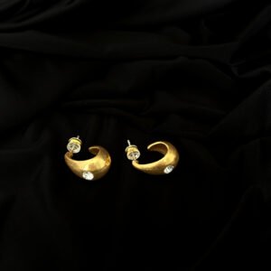 brushed matte gold teardrop chunky c hoop earrings with single round crystal