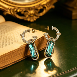 twisted crystal frame teal rectangular drop earrings