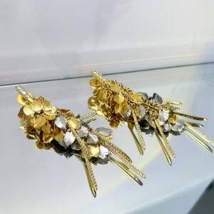 two tone gold silver leaf fringe long drop earrings with ball stud top