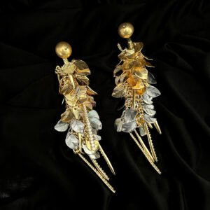 two tone gold silver leaf fringe long drop earrings with ball stud top