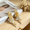 two tone gold silver leaf fringe long drop earrings with ball stud top