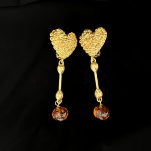 textured gold heart linear drop earrings with orange metal bead