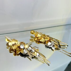 two tone gold silver leaf fringe long drop earrings with ball stud top