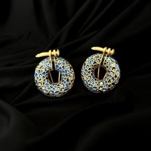 vintage gold honeycomb inlaid blue crystal hoop huggie earrings