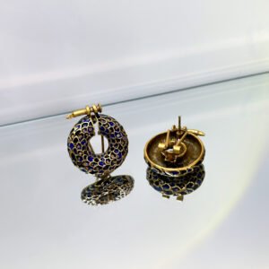 vintage gold honeycomb inlaid blue crystal hoop huggie earrings