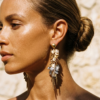 two tone gold silver leaf fringe long drop earrings with ball stud top