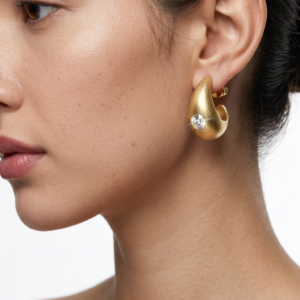 brushed matte gold teardrop chunky c hoop earrings with single round crystal