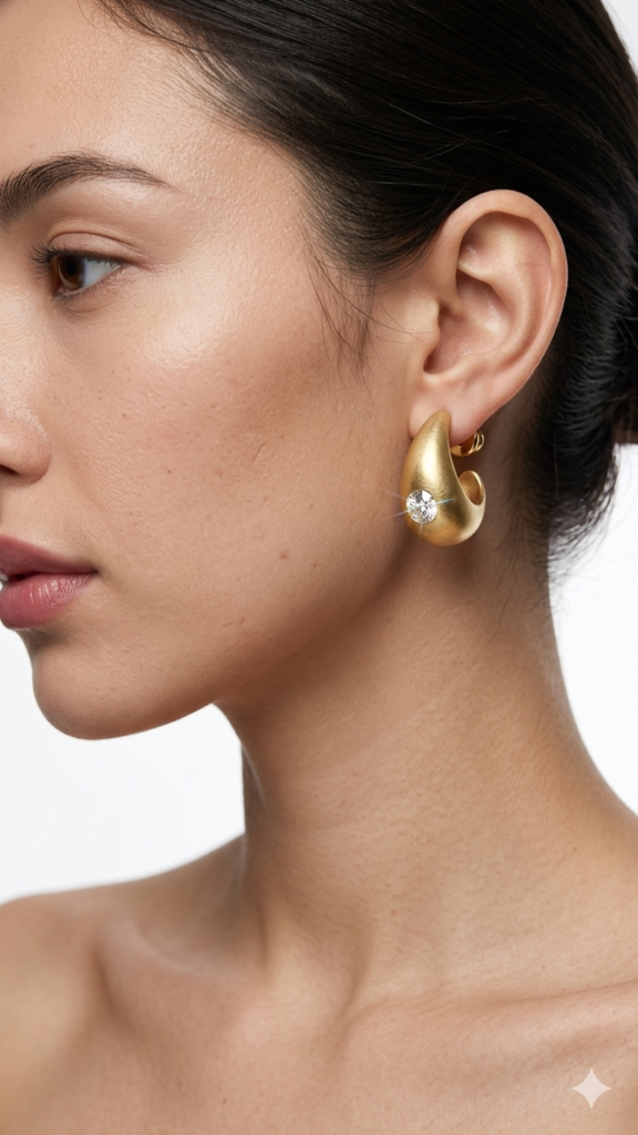 brushed matte gold teardrop chunky c hoop earrings with single round crystal